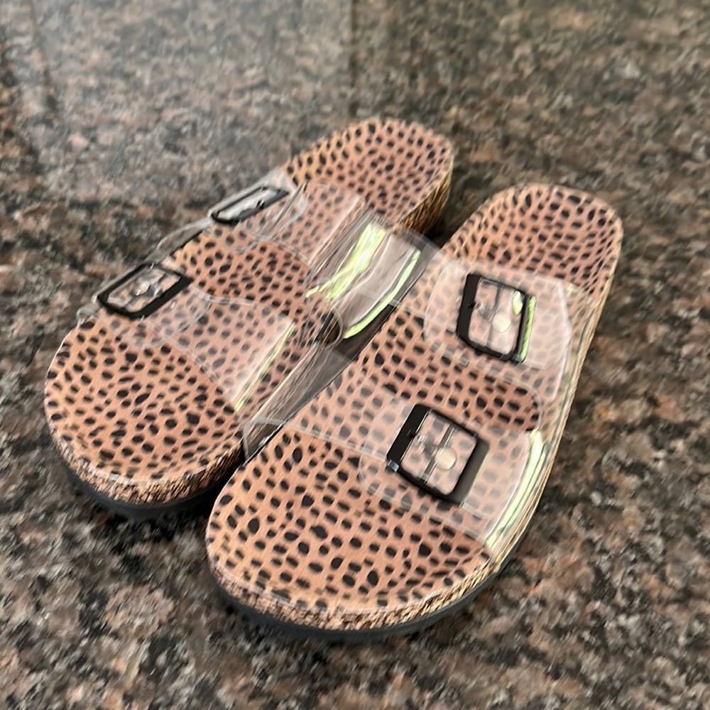 Sandals with molded footbed clear straps leopard bottom